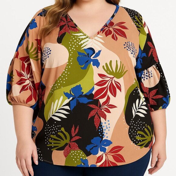 Bloomchic V-Neck Half Balloon Sleeve Blouse Womens Multicolor Floral 30/6X - Picture 1 of 13